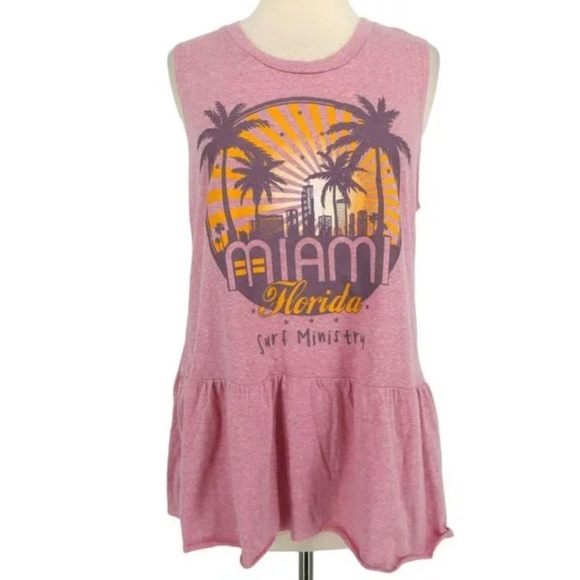 Surf Ministry Pink Miami Florida Graphic Peplum Tank Top Size Small - Picture 1 of 5